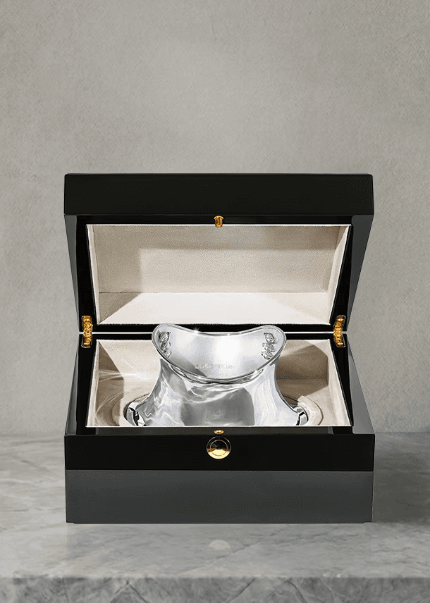 The completed, highly polished silver neck collar displayed inside an opened luxury black lacquered box with soft cream velvet lining, labeled "04 Presentation."