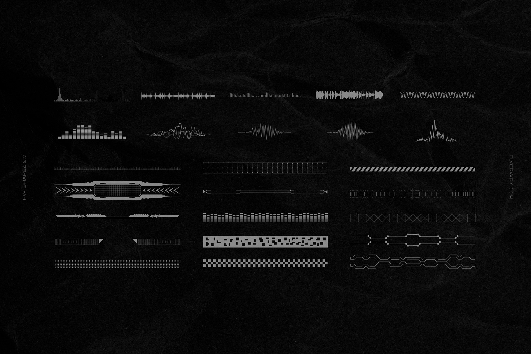 Retro Futuristic Shapes waveform vector elements with audio visualizers and signal graphics