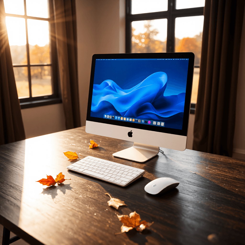 product photography of a desktop computer with monitor, keyboard, and mouse