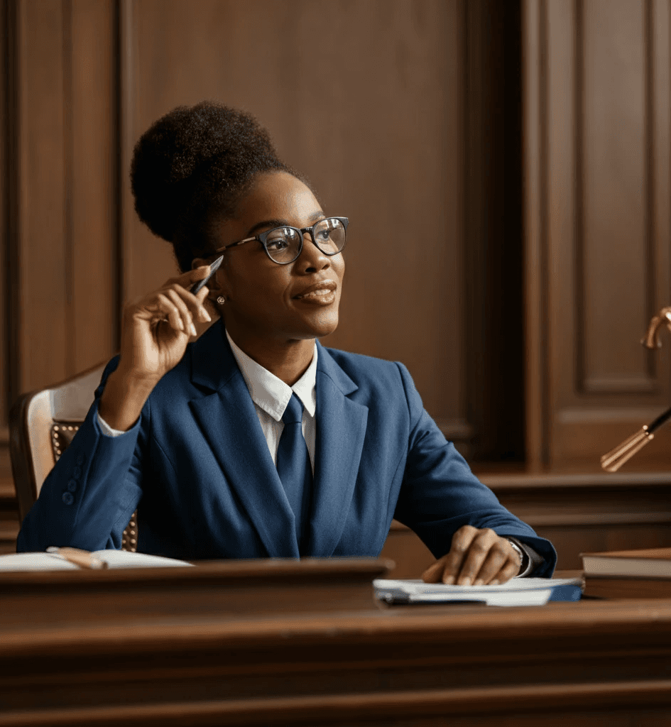 create an image of black lawyer inside court room