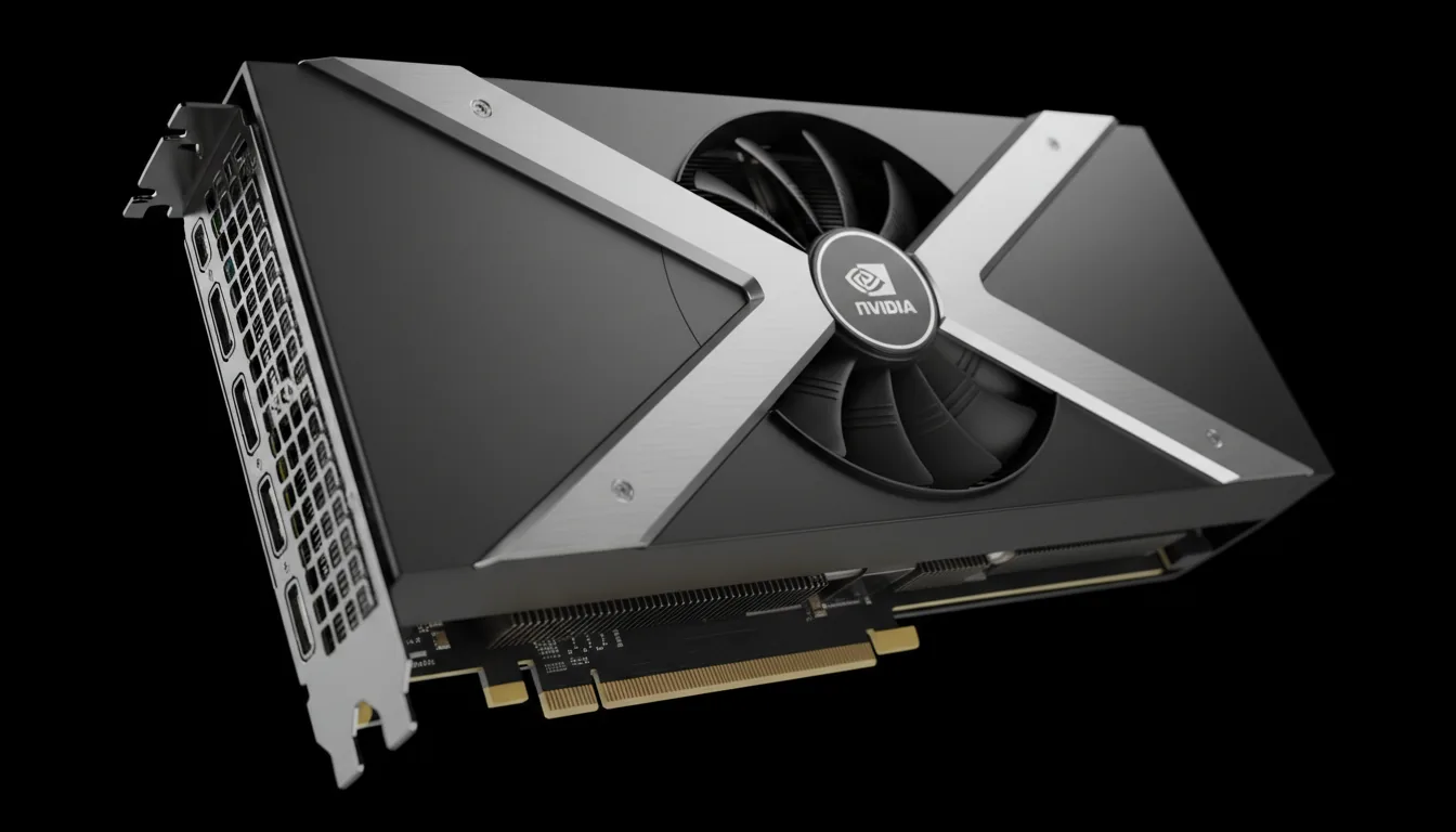 3D product render of an Nvidia RTX 3090 Founders Edition graphics card, dynamic low-angle macro shot. The sleek design features a matte black metal shroud with a brushed gunmetal silver X-frame accent. Dramatic, soft studio lighting creates subtle highlights along the clean geometric edges, set against a pure black seamless background. Intricate cooling fins are visible with a shallow depth of field. Photorealistic, hyper-detailed, powerful high-tech aesthetic.