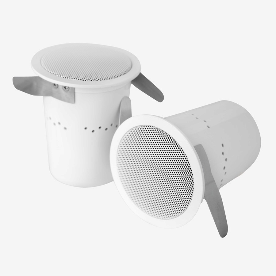Two white ceiling speakers with metal mounting tabs.
