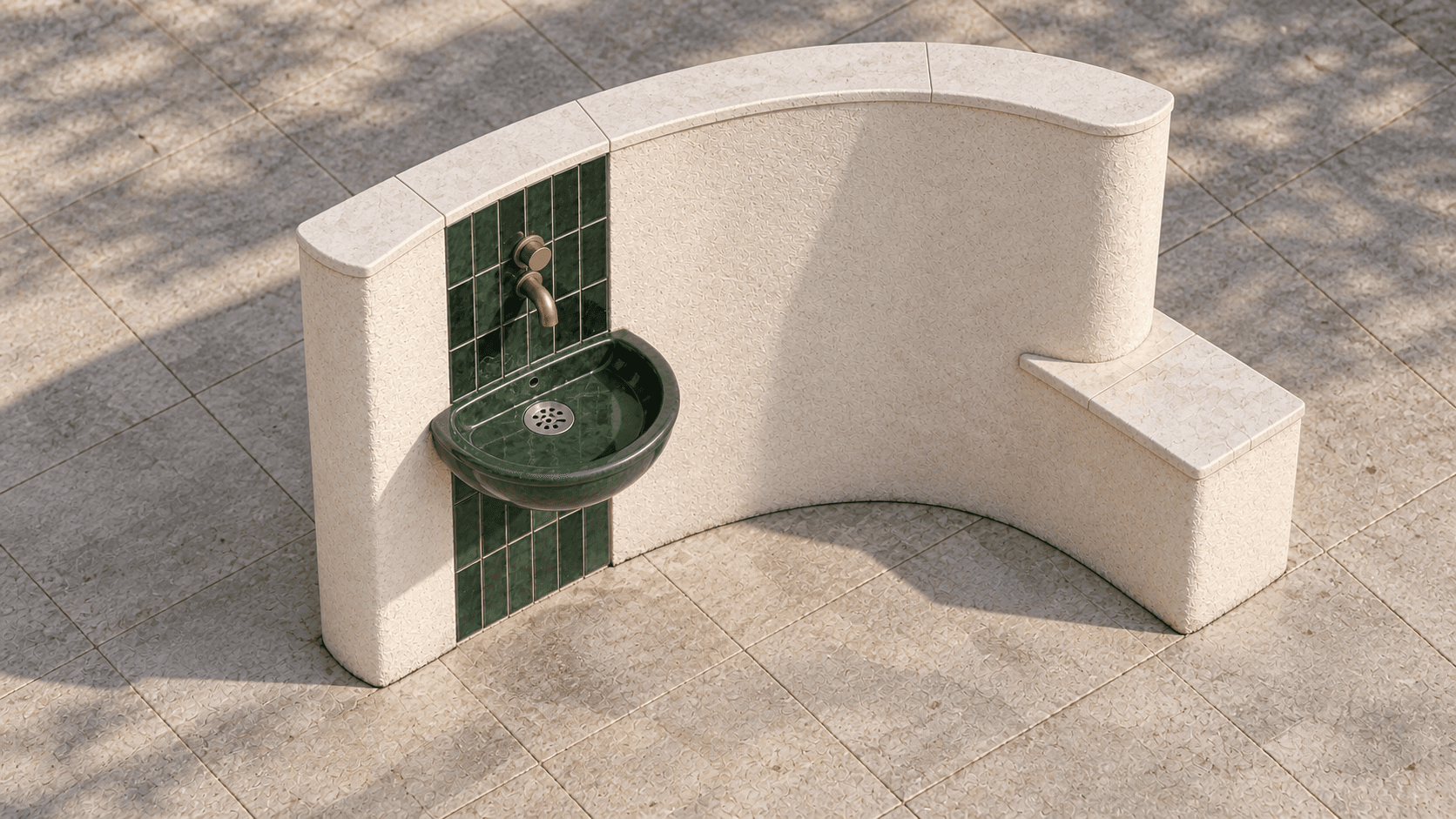 Elevated view showing the wall’s curved footprint, projecting bowl and short ledge.