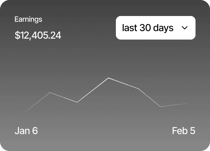 Dashboard card showing Earnings of $12,405.24 for the last 30 days with a line graph between Jan 6 and Feb 5.