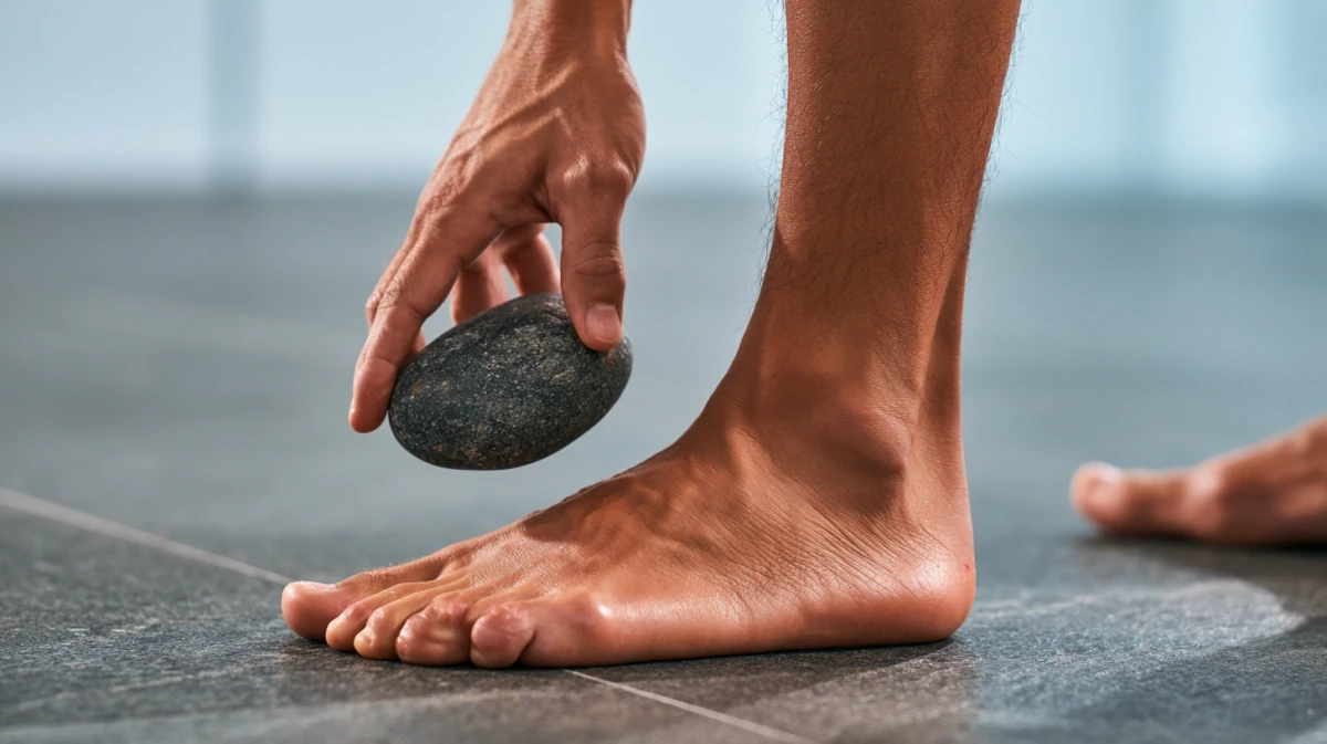Close-up of bare feet pressed firmly against the floor and a hand holding a heavy stone.