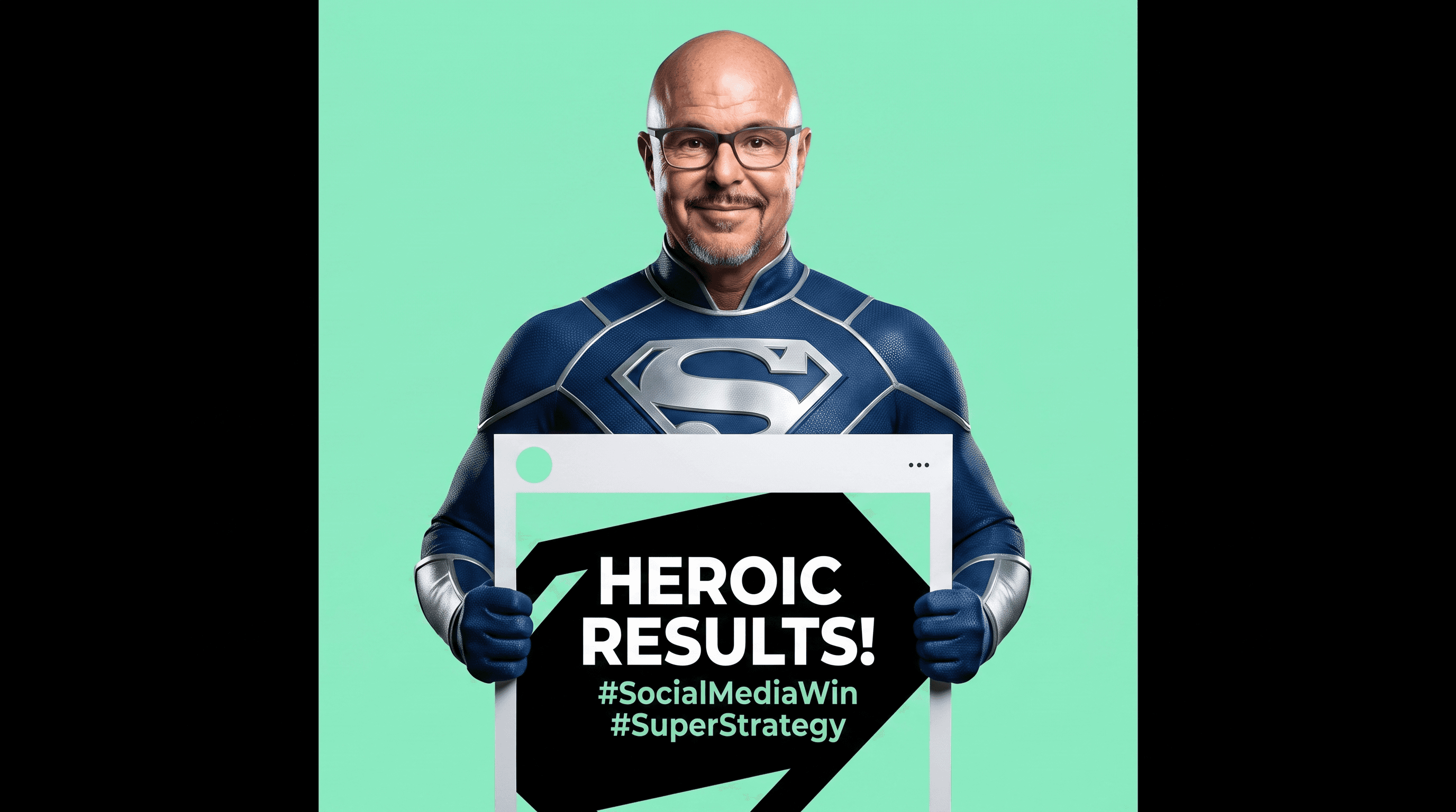 Man in a blue and silver Superman-style suit on a mint green background, holding a sign that reads 'Heroic Results! #SocialMediaWin #SuperStrategy'.