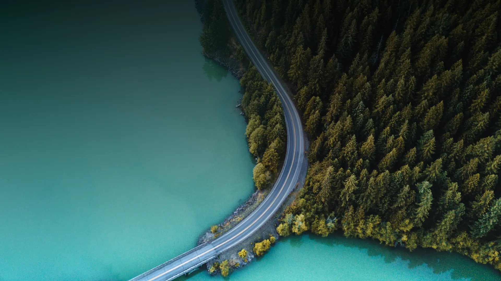 Aerial view of a winding highway through a forest beside a lake, used on GIA Group, LLC’s About page to represent the company’s focus on trucking, experience, and reliability.