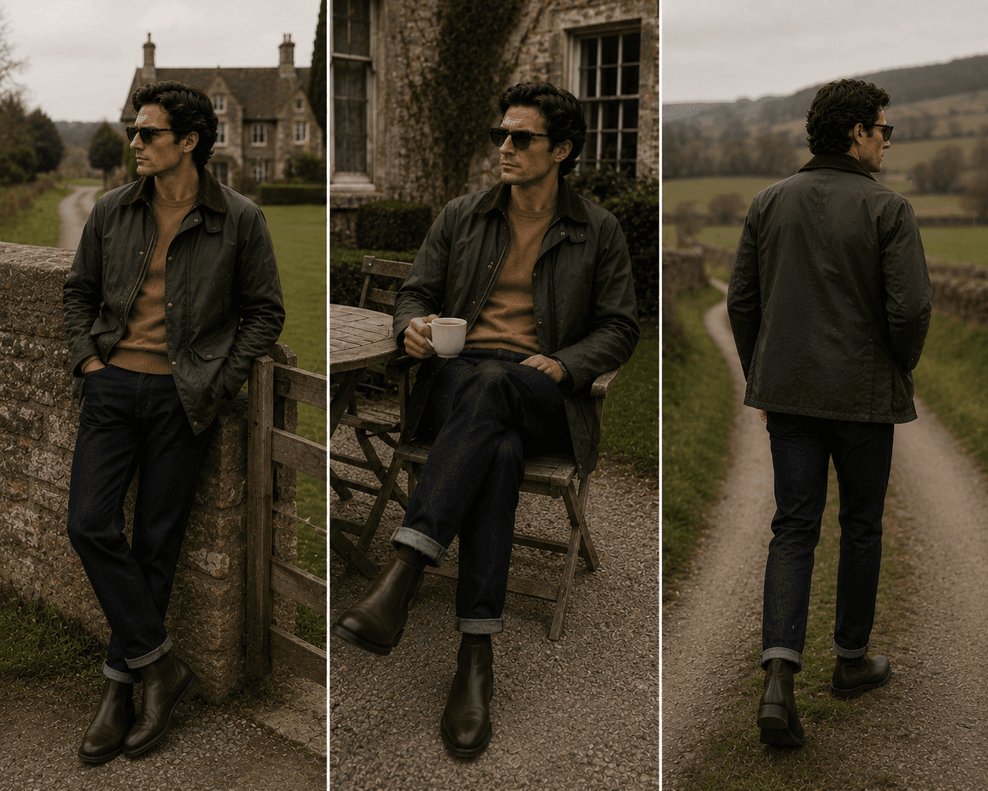 A three-panel full-body fashion lookbook featuring a male model in classic English countryside attire. He wears an olive green waxed cotton jacket with a brown corduroy collar over a tan knit crewneck sweater, dark selvedge denim jeans, dark brown leather Chelsea boots, and dark sunglasses. The left panel shows him leaning against a stone wall next to a wooden fence near a stone estate. The middle panel shows him seated relaxed in a wooden garden chair holding a white mug. The right panel shows a rear view as he walks along a dirt path through rolling green hills.