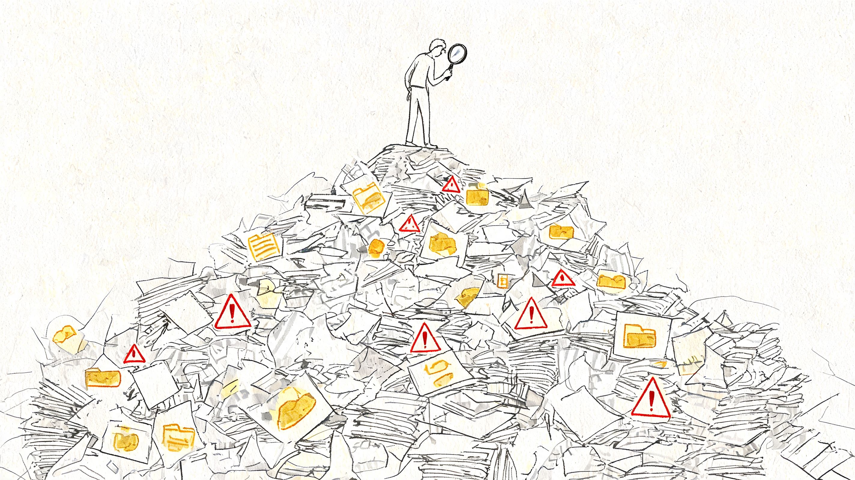 A person standing on a mountain of paperwork using a magnifying glass to search through digital folders.