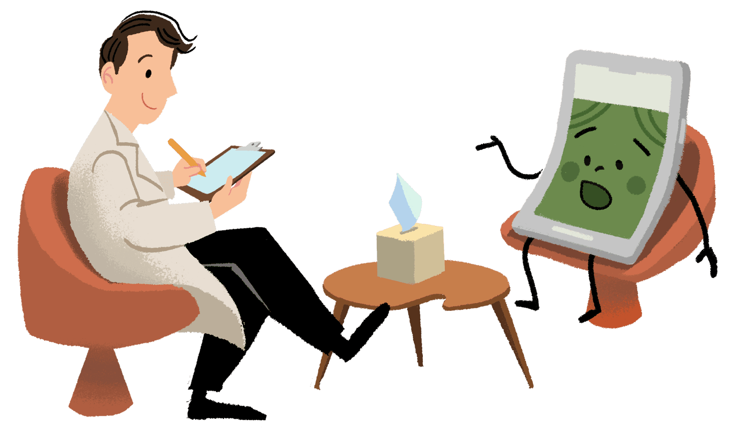 Cartoon depicting the App Doctor character as a therapist taking notes as a smartphone character sits across from him and explains their problems.