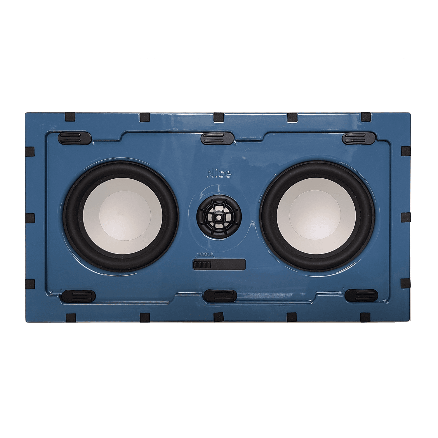 Blue speaker with two large woofers and a tweeter