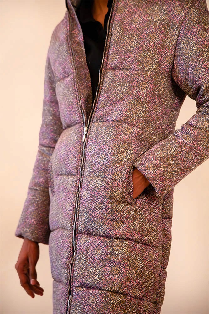 our one of a kind Purple puffer jacket, made using vintage sulk saree.