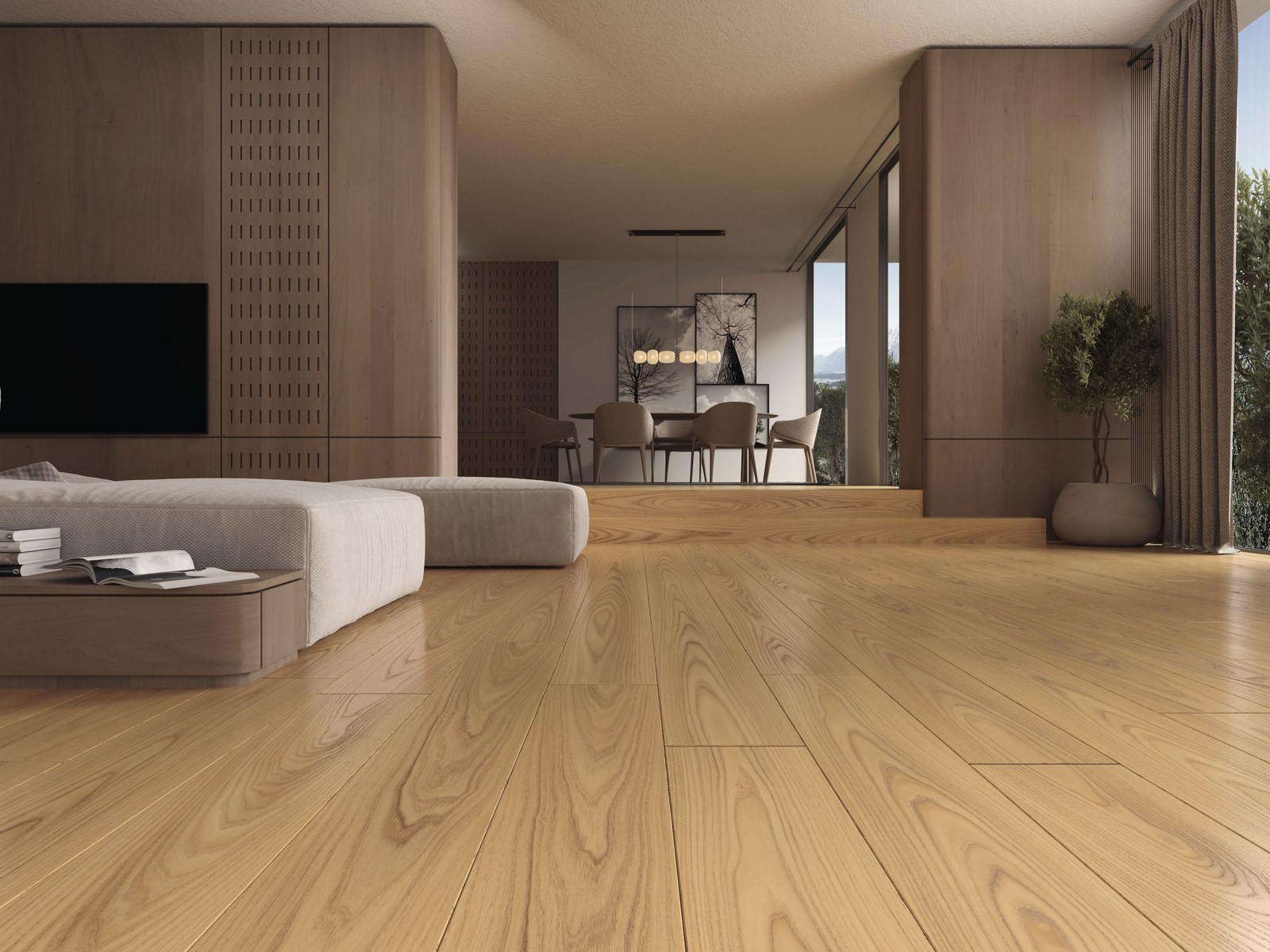 Living room with oak-effect laminate flooring