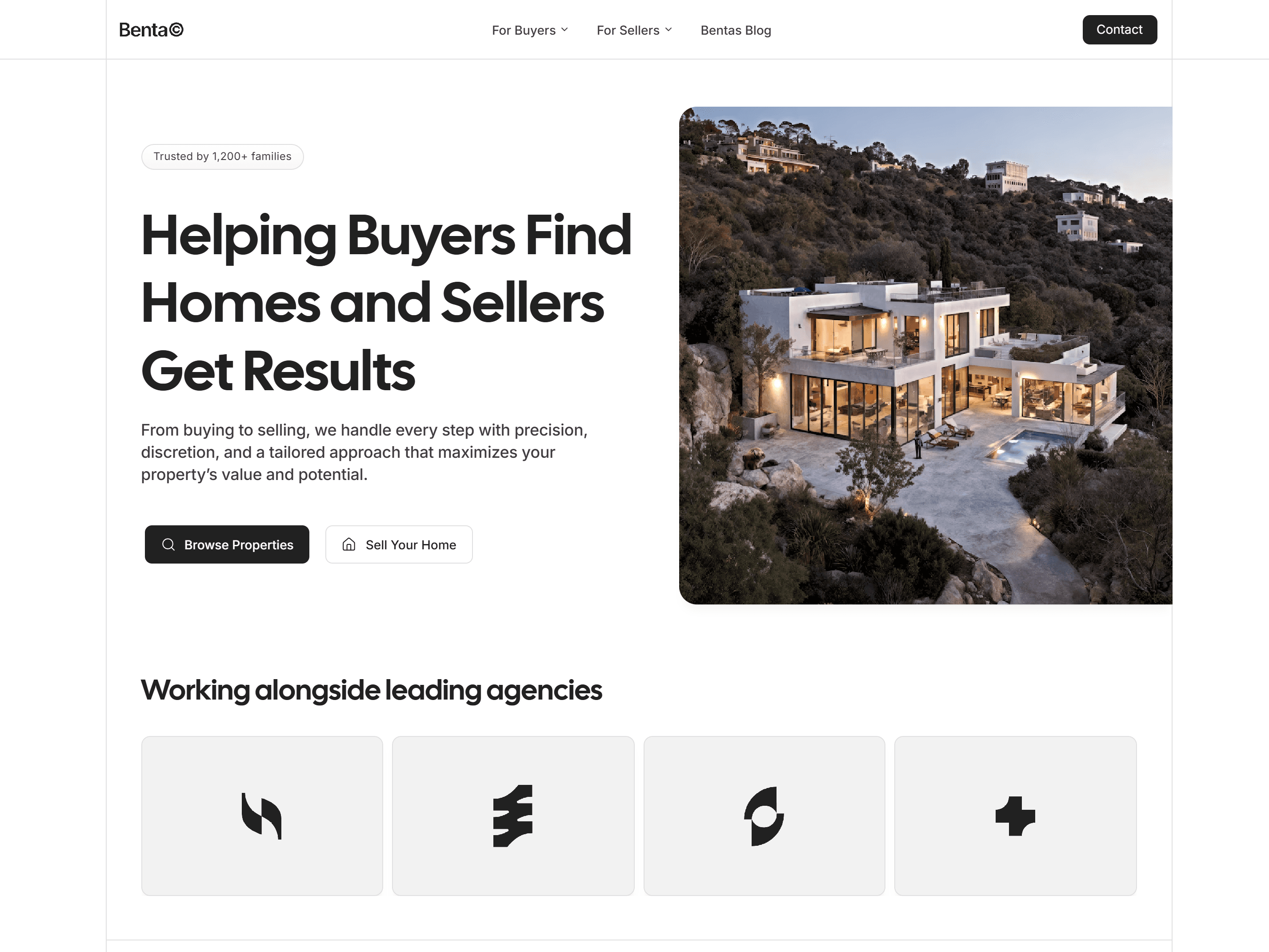 Hero section with headline text about helping buyers and sellers, next to a photo of a modern hillside luxury home at sunset.