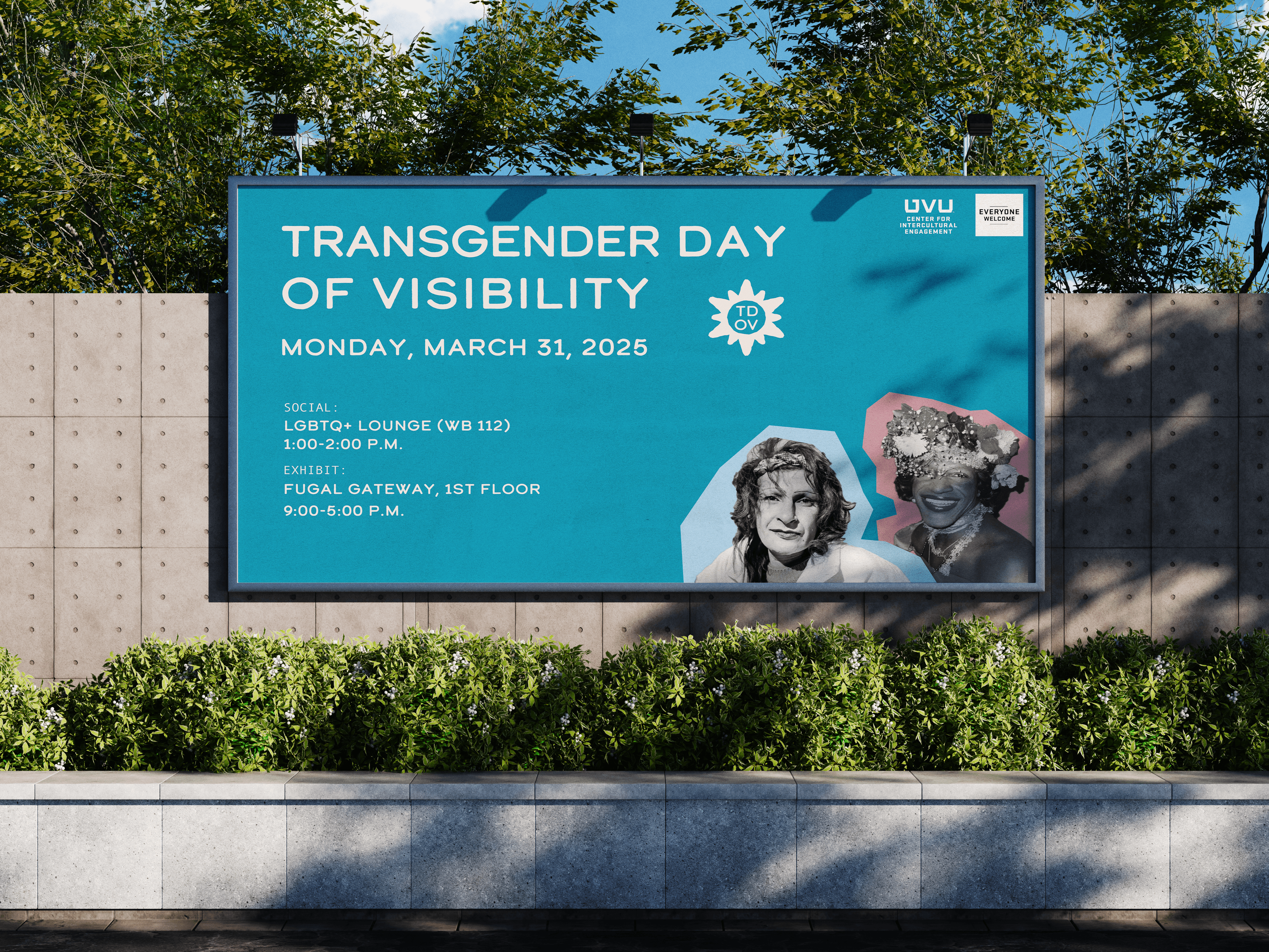 Transgender Day of Visibility event billboard with two portraits.