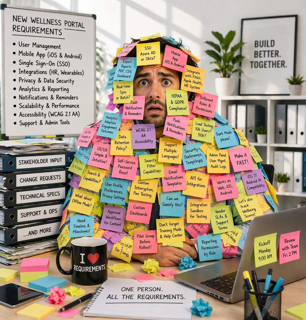 A man covered in postits with software requirements