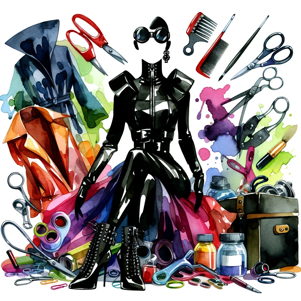 A watercolour representing the craftmenship of creating a latex outfit.