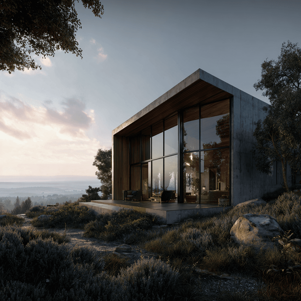 Modern house featuring expansive glass walls and windows, blending indoor and outdoor living spaces seamlessly.