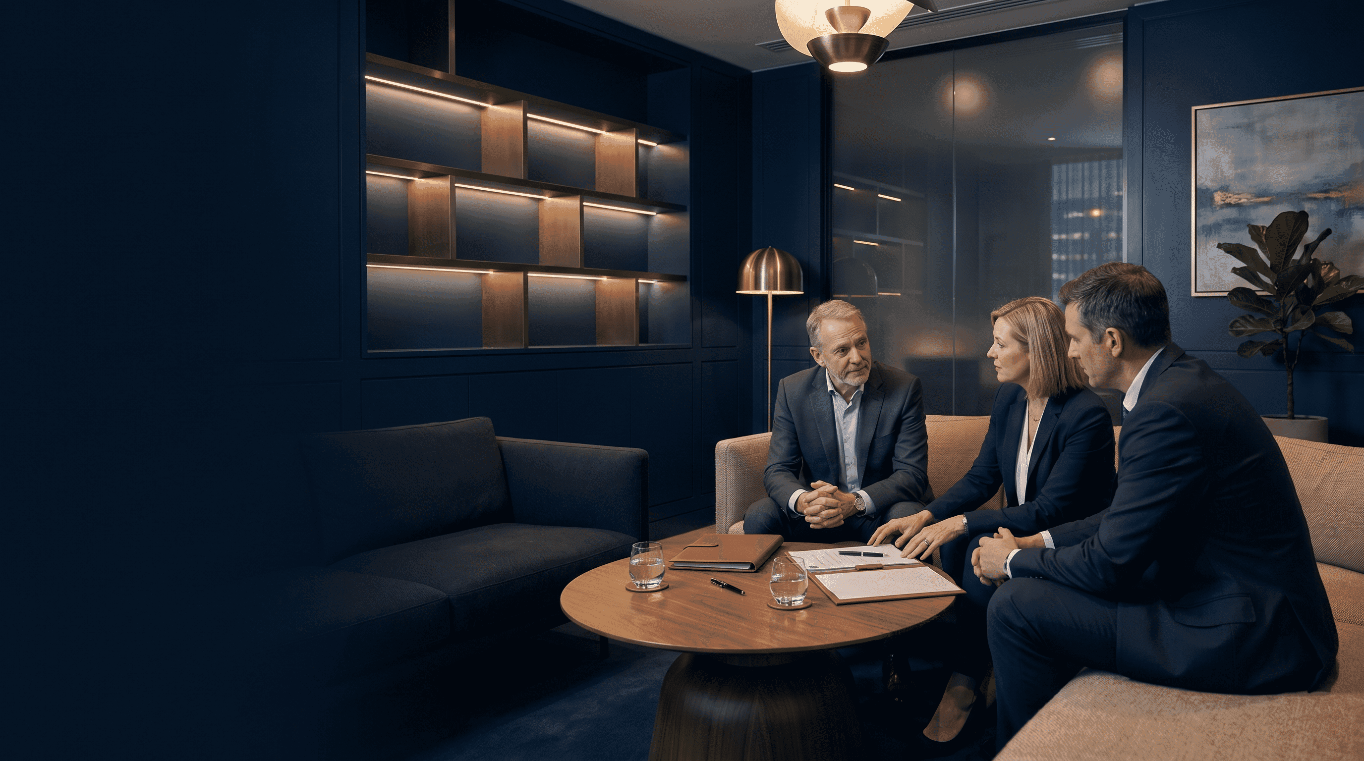 Three senior professionals in a discreet private meeting discussing a strategic commercial partnership.