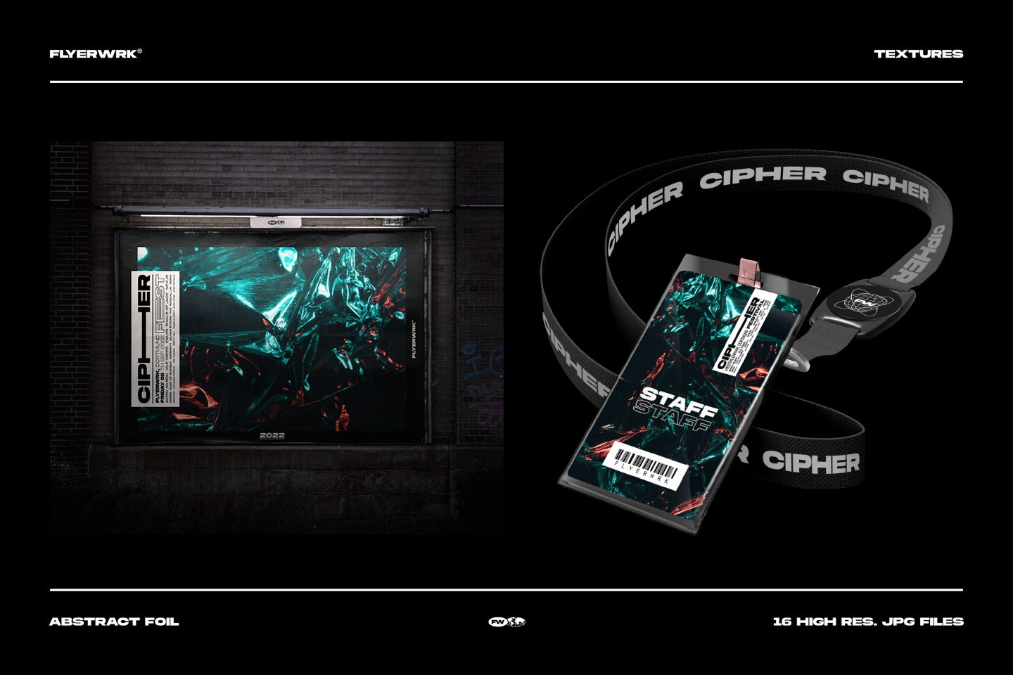 Cipher abstract metal foil textures applied to an outdoor billboard and event staff badge mockup