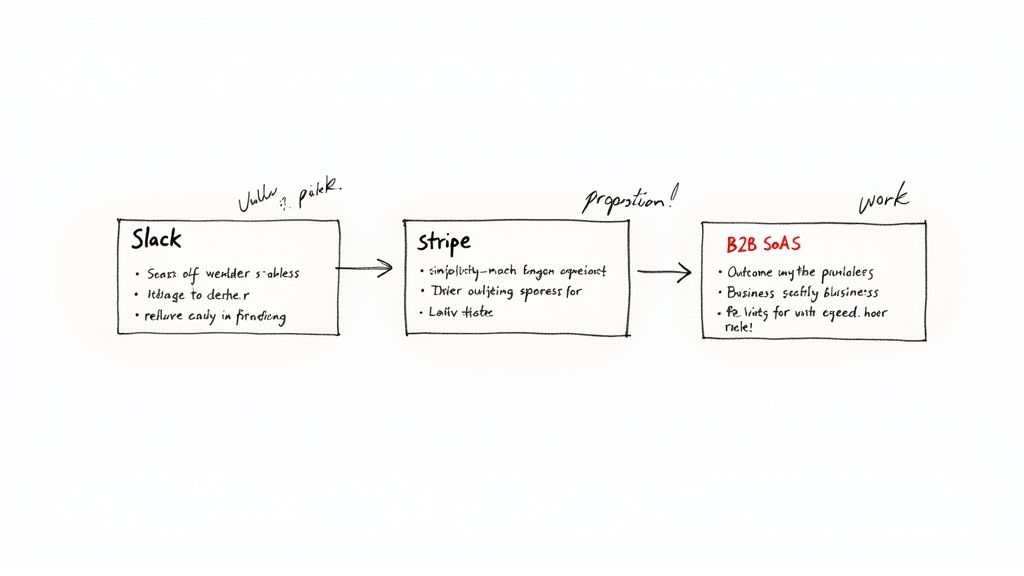 A designer analyzing a value proposition on a computer screen with a brand's website in the background.
