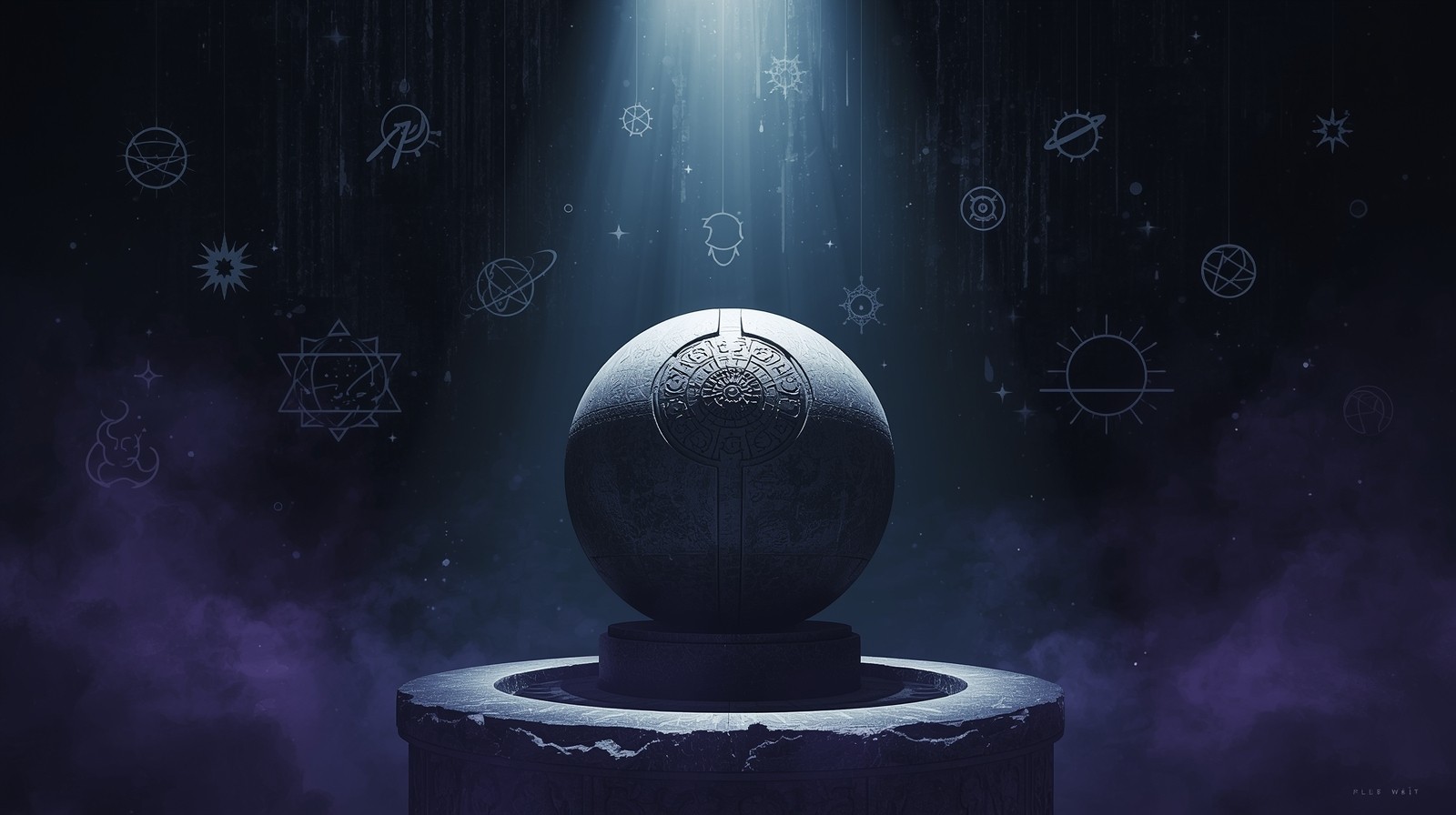 Symbolic cinematic composition showing a large stone sphere with intricate carvings surrounded by abstract icons