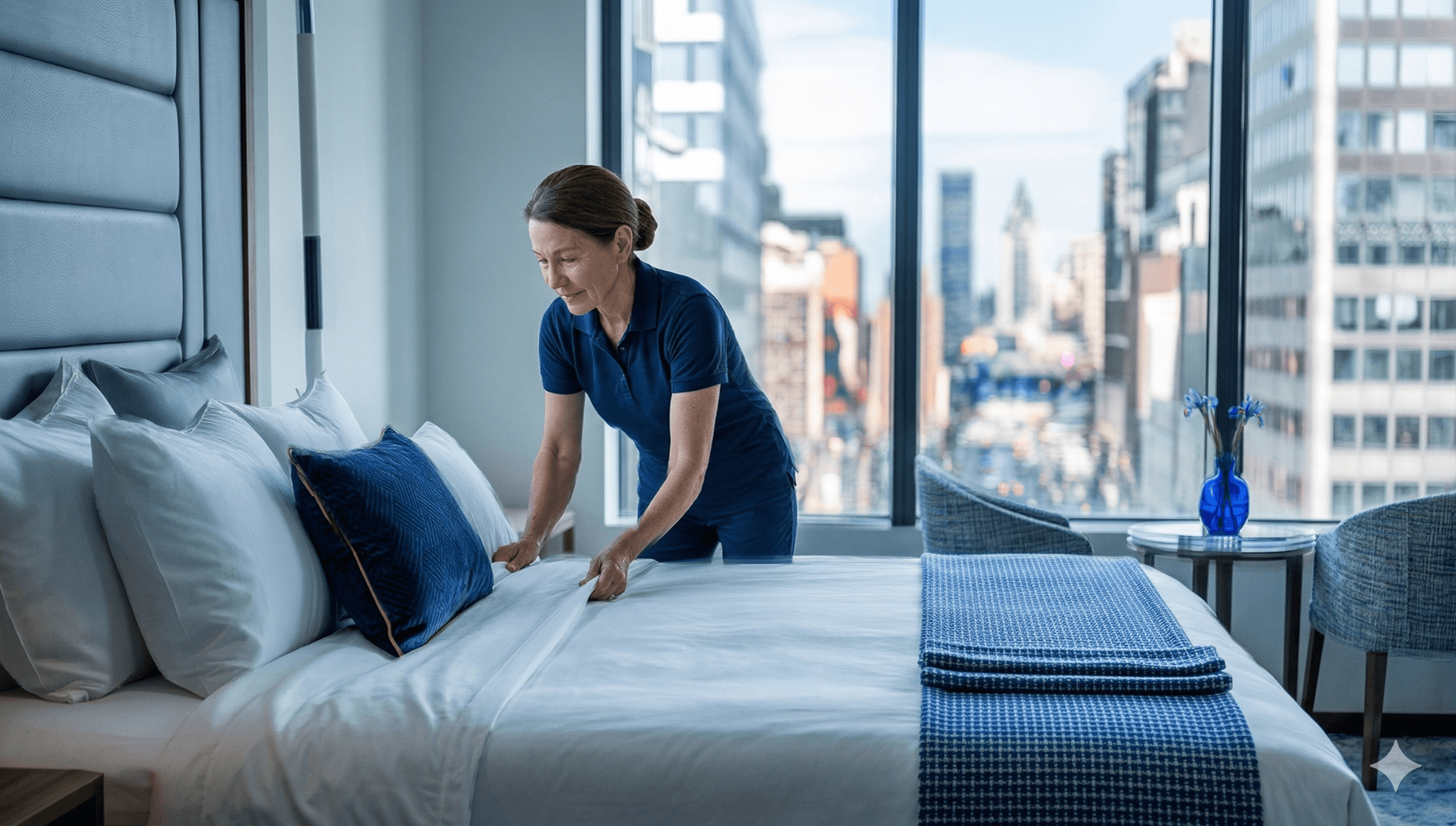 Une femme de chambre fait un lit d'hôtel près d'une fenêtre avec vue sur la ville