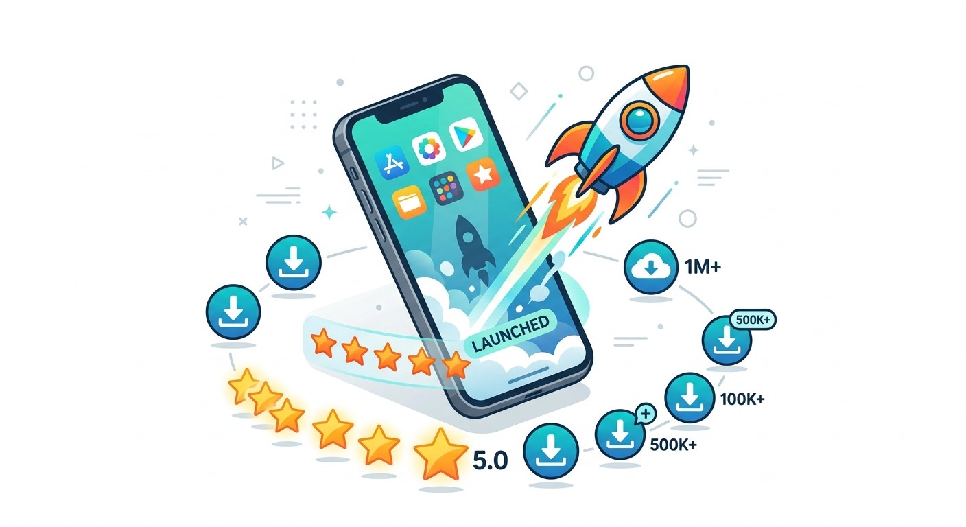Flat illustration of a person holding a smartphone and testing a mobile app, with floating UI elements and checkmarks around them.