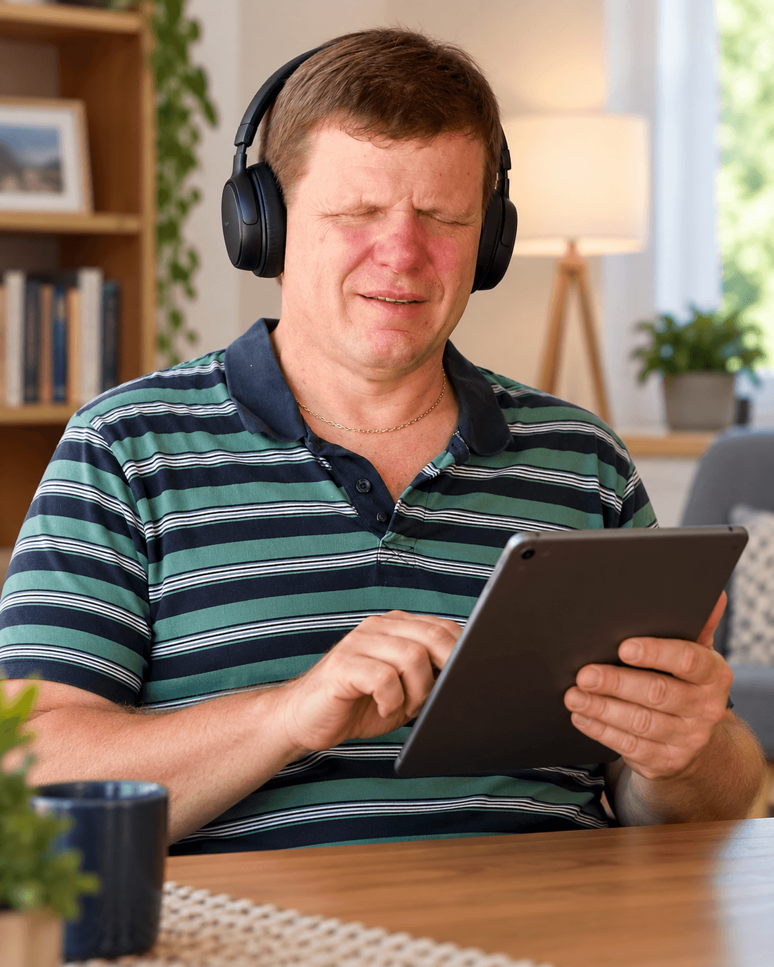 David Chittenden using an iPad with headphones and screen-reader technology.