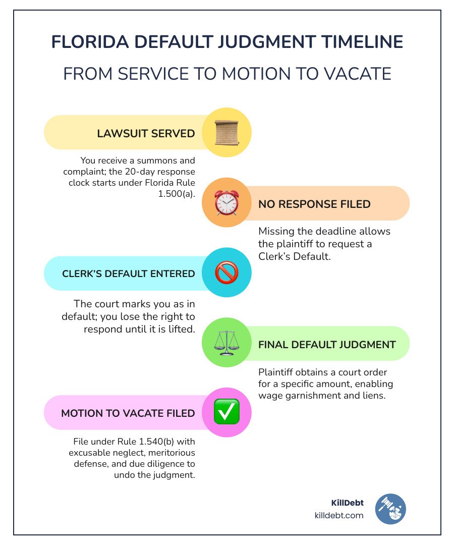 Timeline infographic from Florida lawsuit service to default entry to motion to vacate deadline infographic