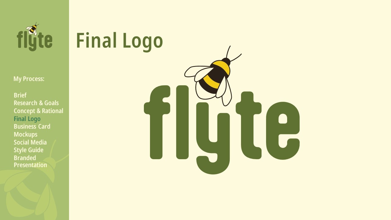 Final logo: Flyte is written in a rounded lowercase, with a bumblebee nestled above the Y, which is shortened. It is at an upwards angle, as if it is about to take off. 