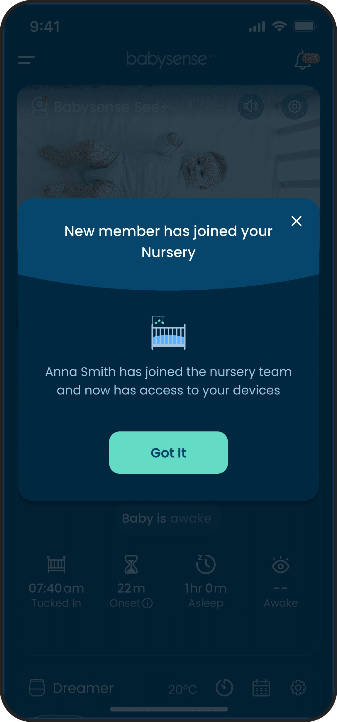 screen with a pop up telling the user that a new member has joined his nursery in the babysense mobile app