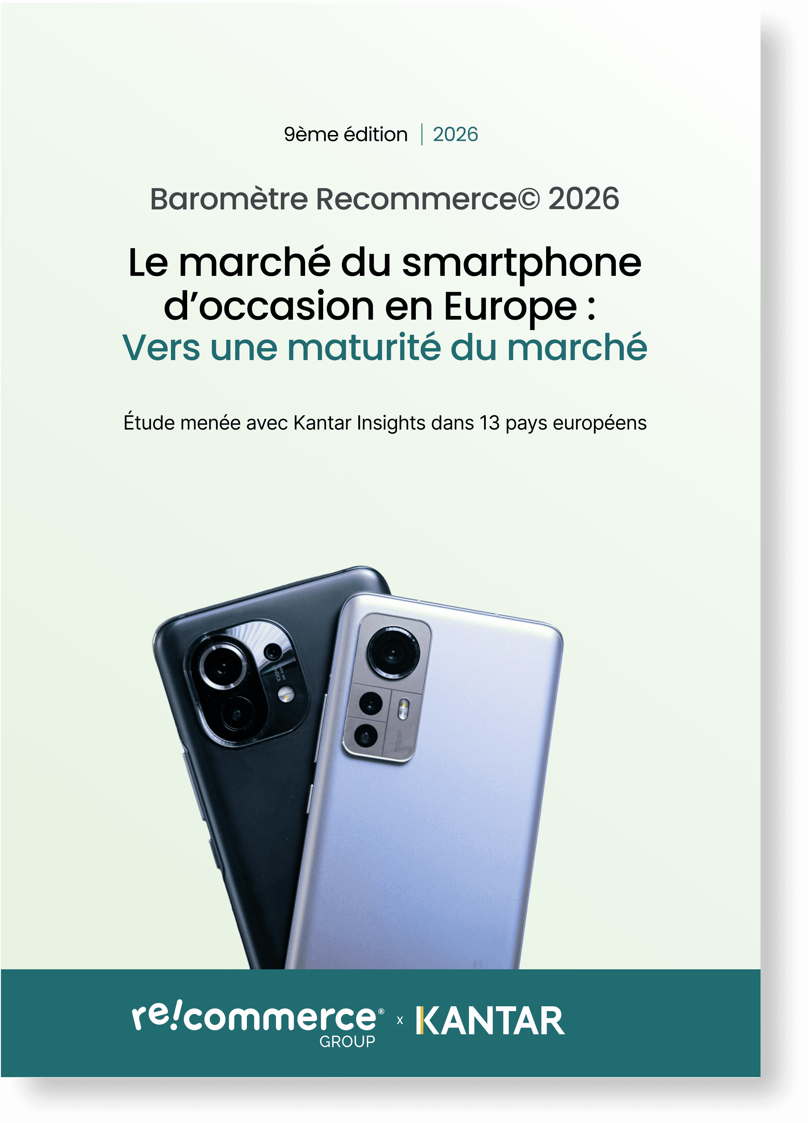 Couverture du Baromètre Recommerce 2026 sur le marché du smartphone d'occasion en Europe avec une photo de 2 smartphones 