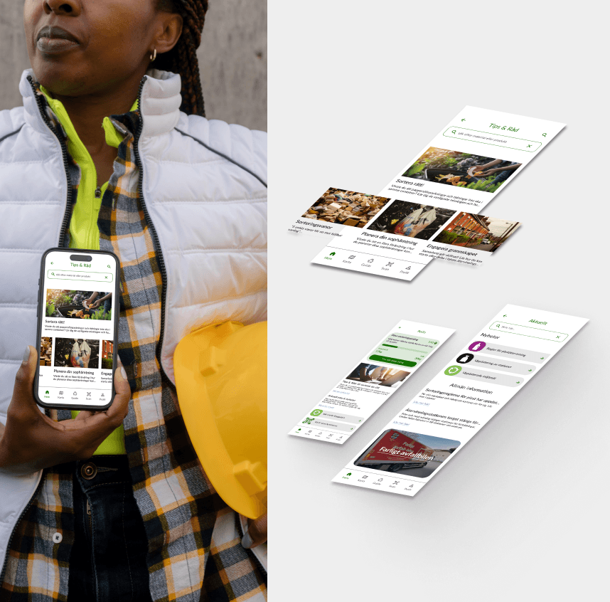 A person in a white vest and plaid shirt holding a smartphone displaying a sustainability app with tips and guides. To the right, multiple screens of the app are showcased, highlighting different sections such as recycling tips, reuse services, and community initiatives.