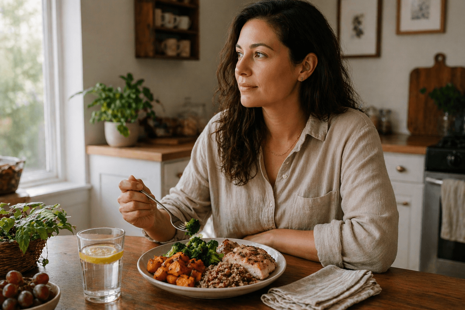 Woman eating a balanced plate at home without tracking calories or exercising for weight loss