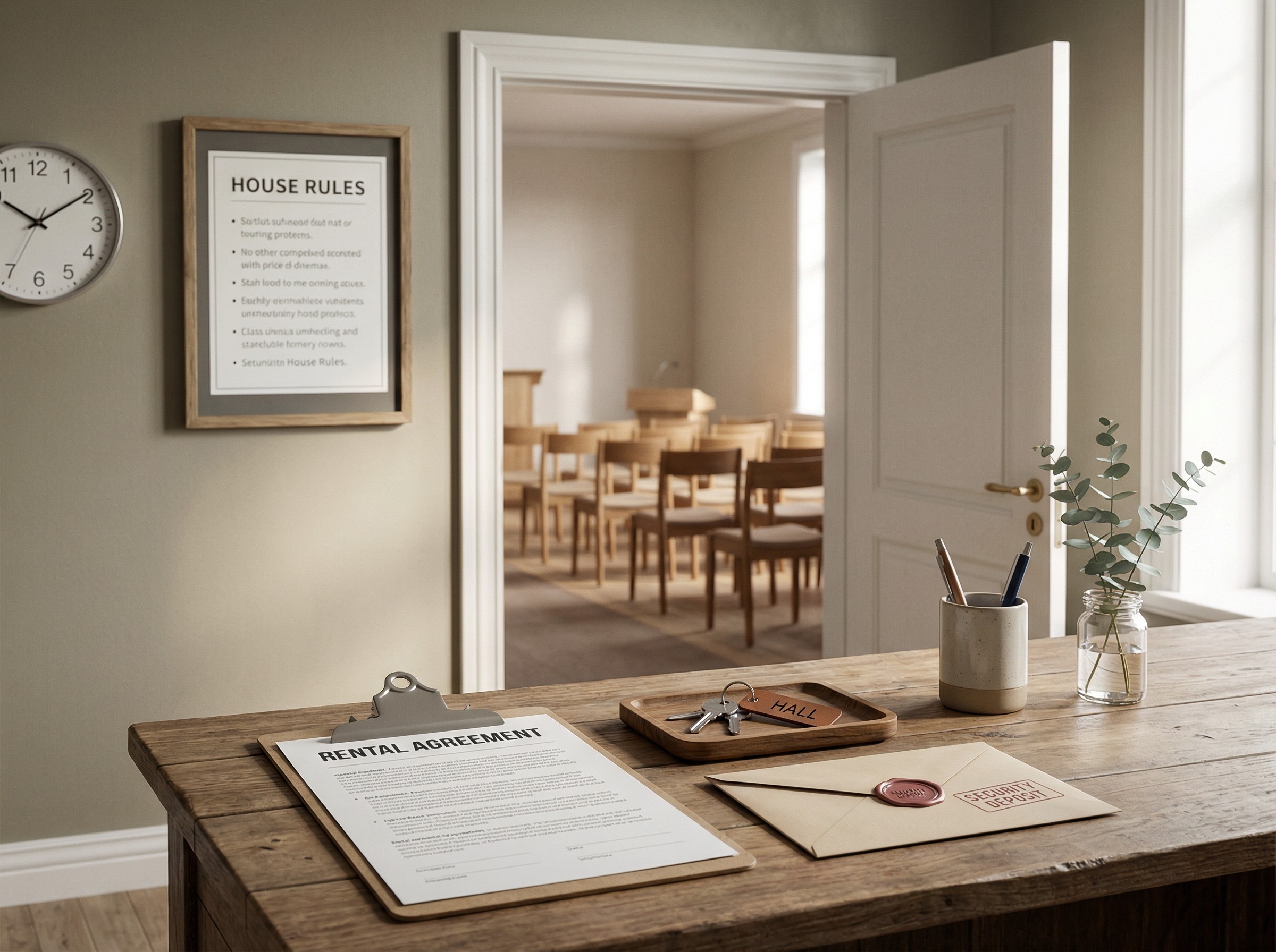 Ein Empfangstisch im Foyer zeigt einen beschrifteten Mietvertrag, ein Schlüsselset auf Holzbrett und einen Umschlag mit Kautionsvermerk. Im Hintergrund der geöffnete Zugang zum Saal, ein dezenter Hinweis zur Hausordnung und eine Wanduhr, die den Beginn signalisiert.