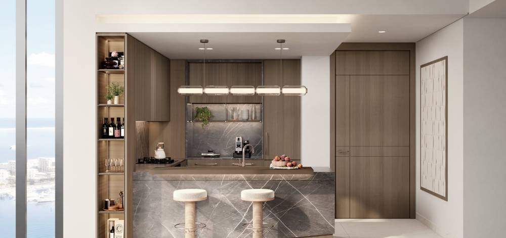 Spacious luxury condo living room and dining area at Portside Square, showcasing contemporary design and upscale finishes.