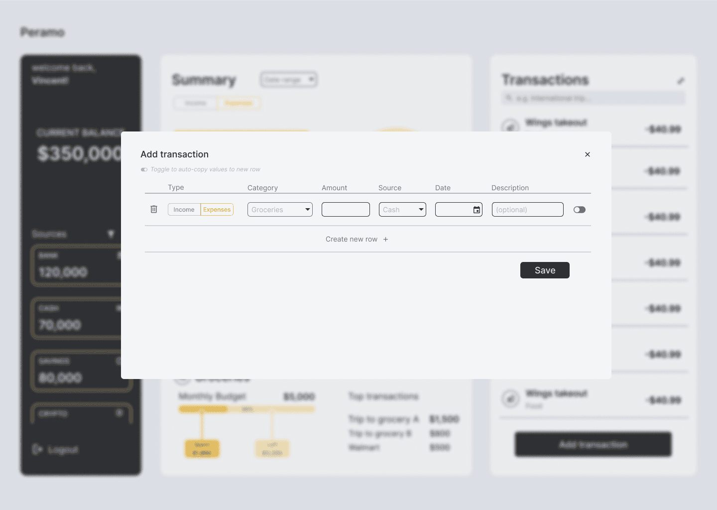 Window when adding transactions