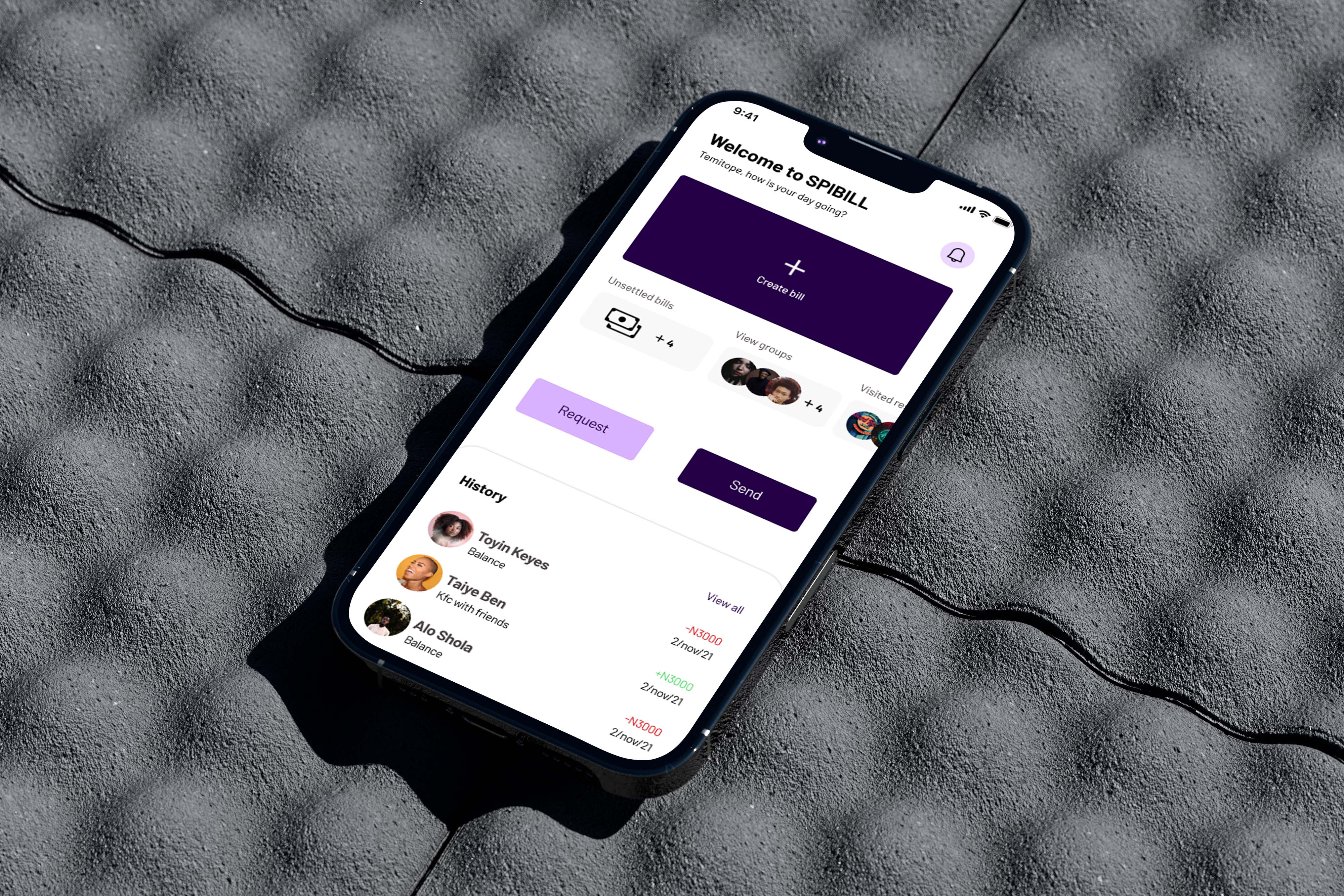 A smartphone displaying a user interface mockup with a clean, modern design on a textured gray surface; features include user profiles, project buttons, and a history tab, ideal for showcasing UIUX design and mobile design concepts.