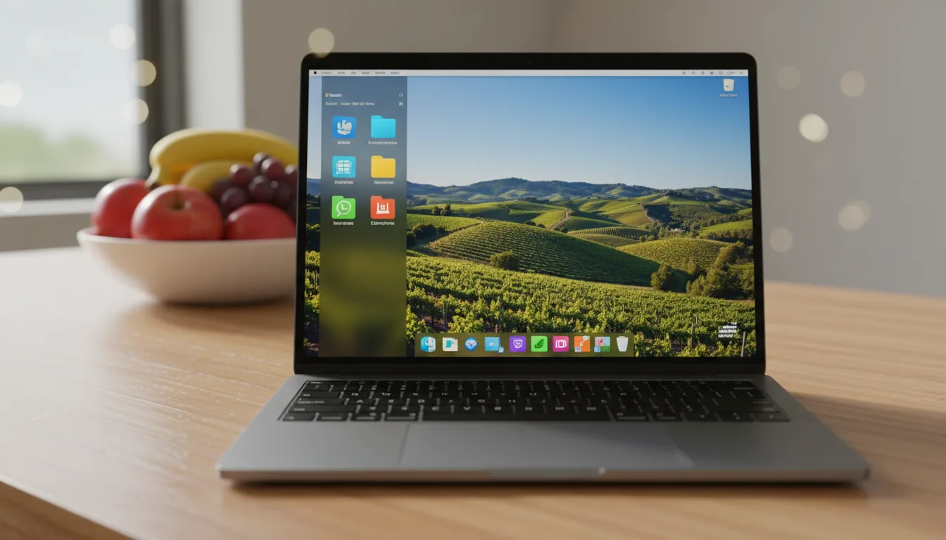 DSLR photography, sharp focus on a sleek, dark grey high-end laptop resting on a warm, light-wood grain desk. The laptop screen is on, displaying a vibrant operating system with a photorealistic wallpaper of rolling, sunlit vineyard hills. Abstract UI folder icons are neatly arranged on the desktop, and a colorful application dock is visible at the bottom. The scene is illuminated by soft, natural daylight. A shallow depth of field creates a beautiful bokeh effect, gently blurring a ceramic bowl of colorful fruit in the background.