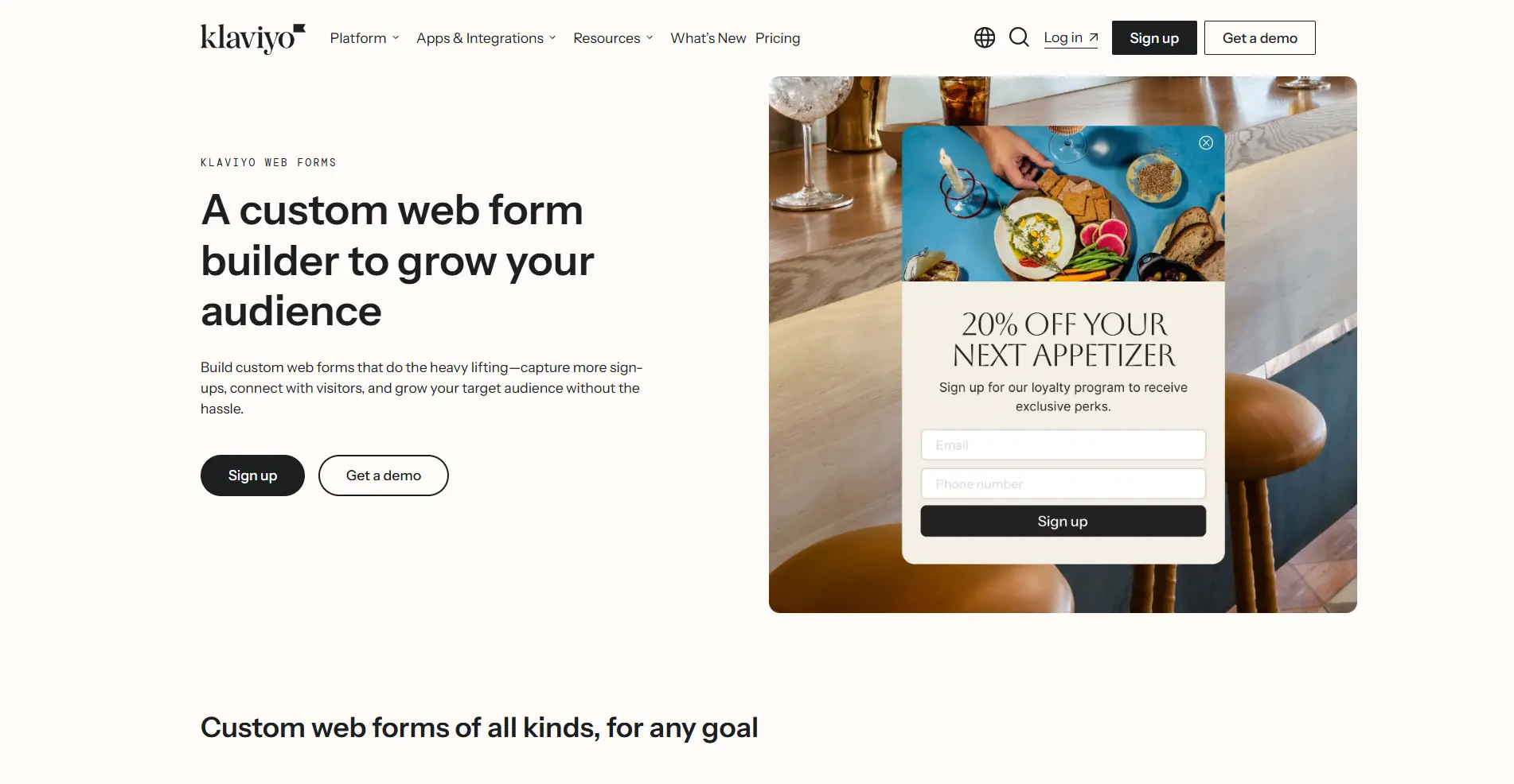 Klaviyo Web Forms hero section on a warm off-white background featuring the headline “A custom web form builder to grow your audience”.