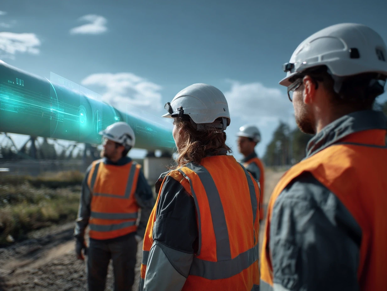 Engineers wearing hard hats and safety vests inspect a pipeline. Focus is on the pipe with a blue glow.