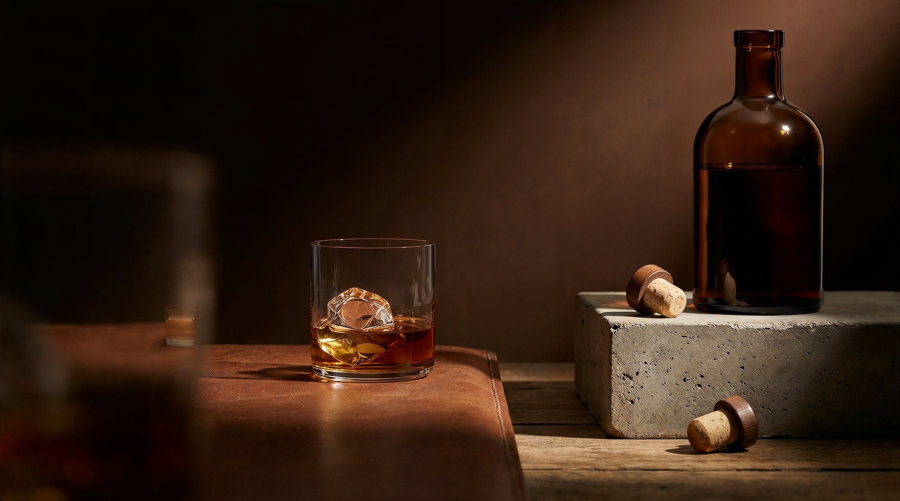 Premium spirits packaging with a bottle, cork stoppers, and a glass of whisky on a wooden surface.