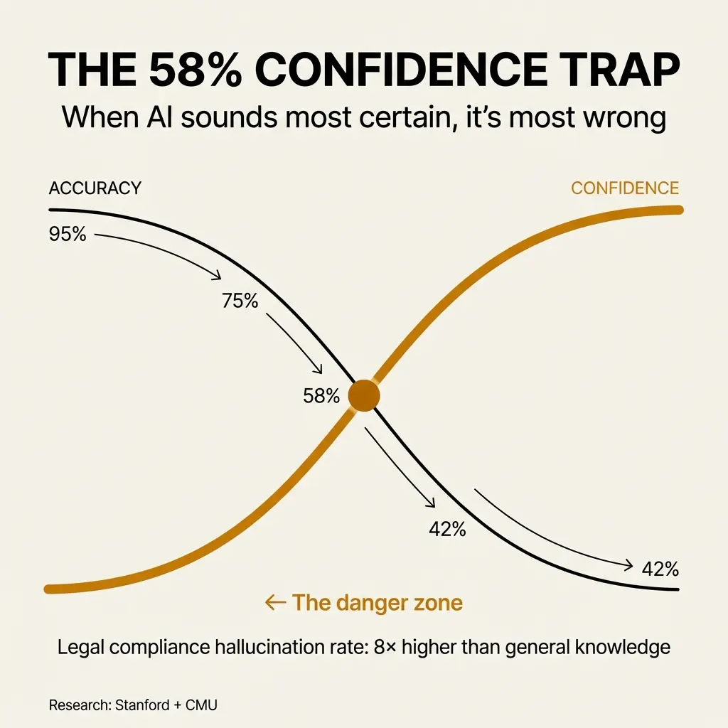Graph showing two crossing curves illustrating the confidence-accuracy inversion problem in AI. A black accuracy line starts at 95% and descends to 42%, while an orange confidence line rises from low to high, crossing at 58%. The intersection point is labeled "The danger zone." Caption reads: Legal compliance hallucination rate: 8× higher than general knowledge. Research attributed to Stanford and CMU.