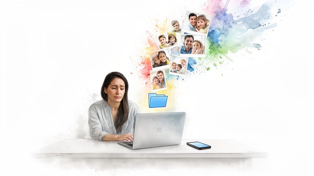 A distressed woman at a laptop with digital family photos spilling from a folder, symbolizing disorganization.