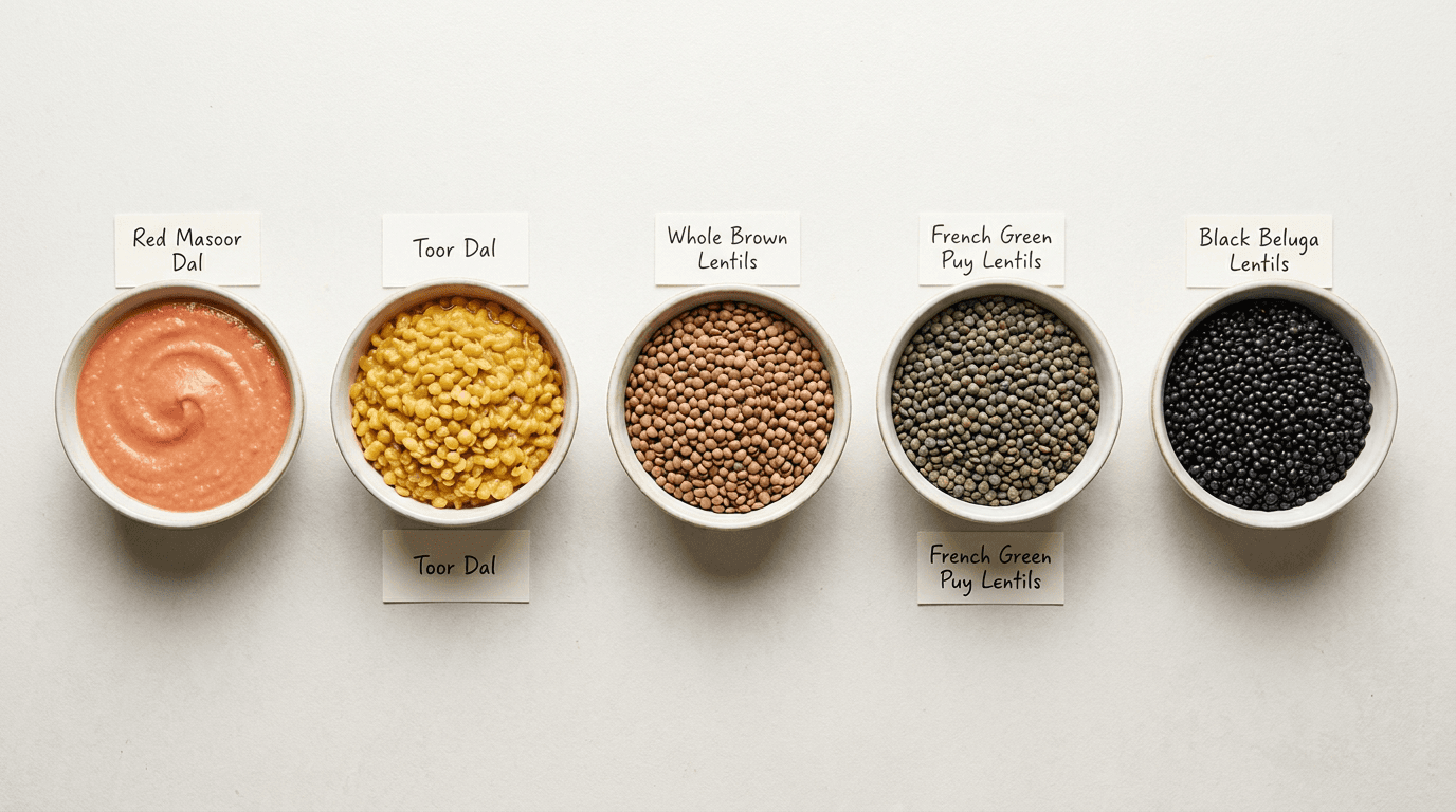 Five cooked lentil varieties in ceramic bowls showing textures from creamy to firm