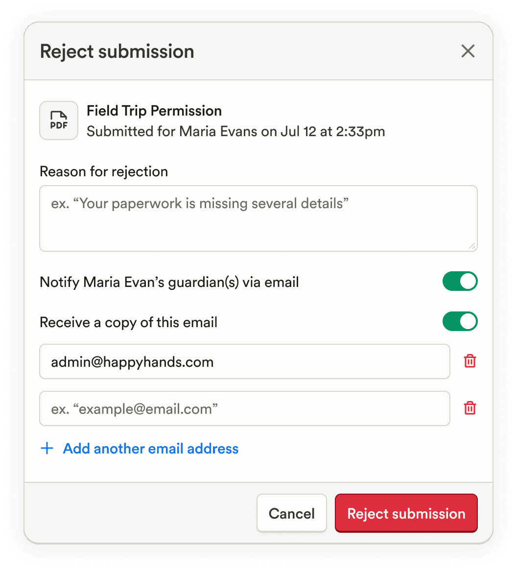 Additional emails on paperwork submission feedback