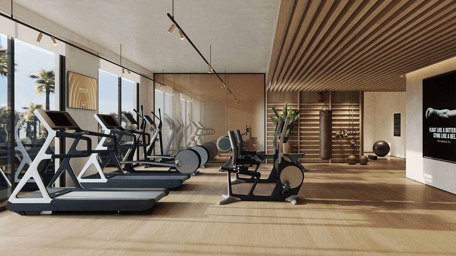 Interior render, gym with various fitness machines looking a window