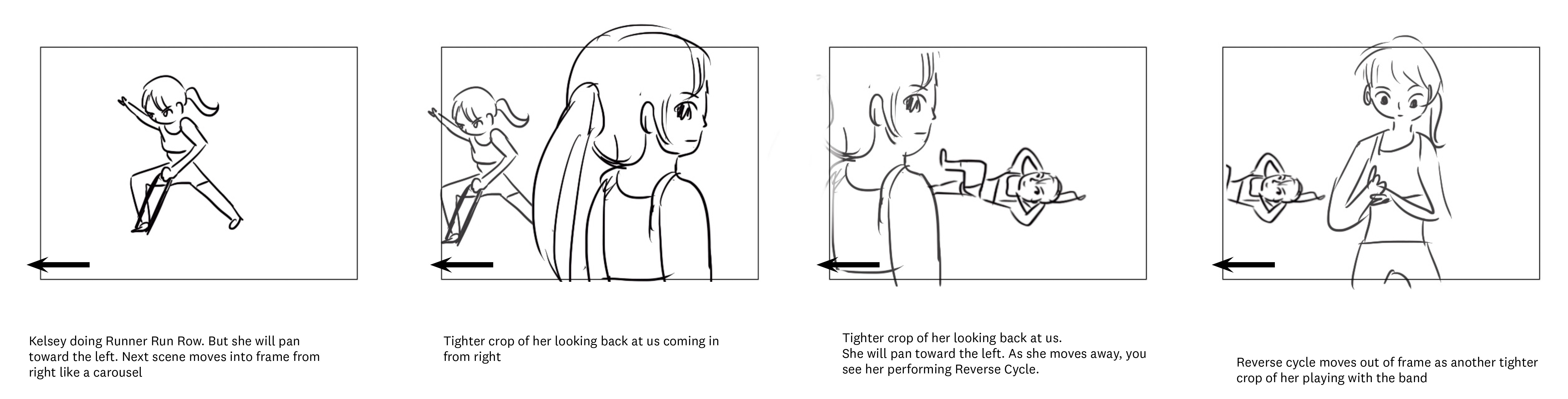 A four-panel storyboard of a woman working out with a fitness band