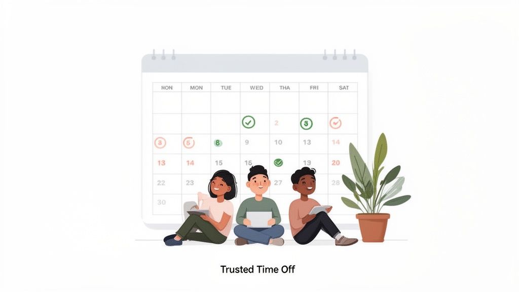 Illustration of three diverse people managing their vacation time using a digital calendar.